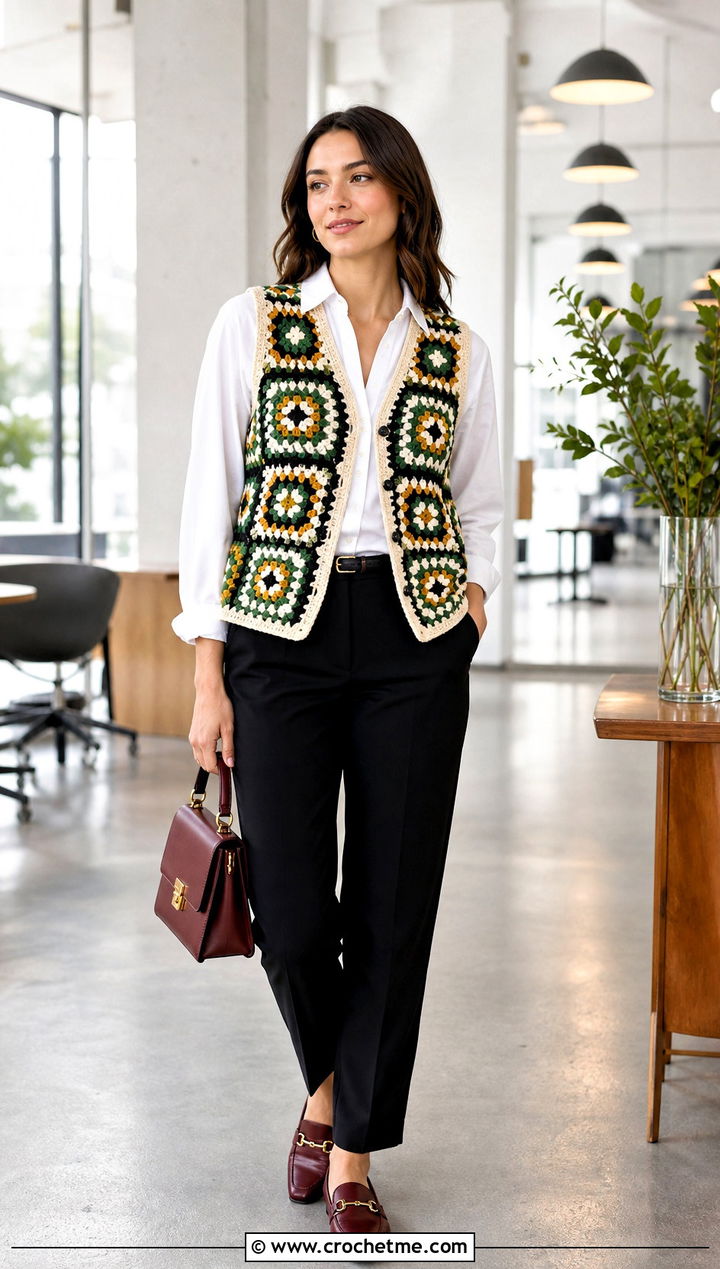 Granny Square Crochet Vest With White Shirt And Trousers - 35 Crochet Jamaican Outfit ideas