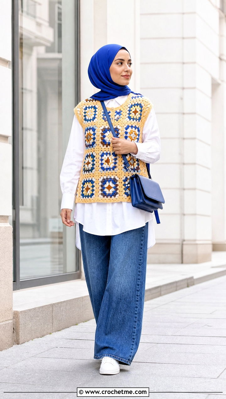 Granny Square Crochet Vest With White Shirt And Wide Leg Jeans - 20 crochet top hijabi outfit ideas