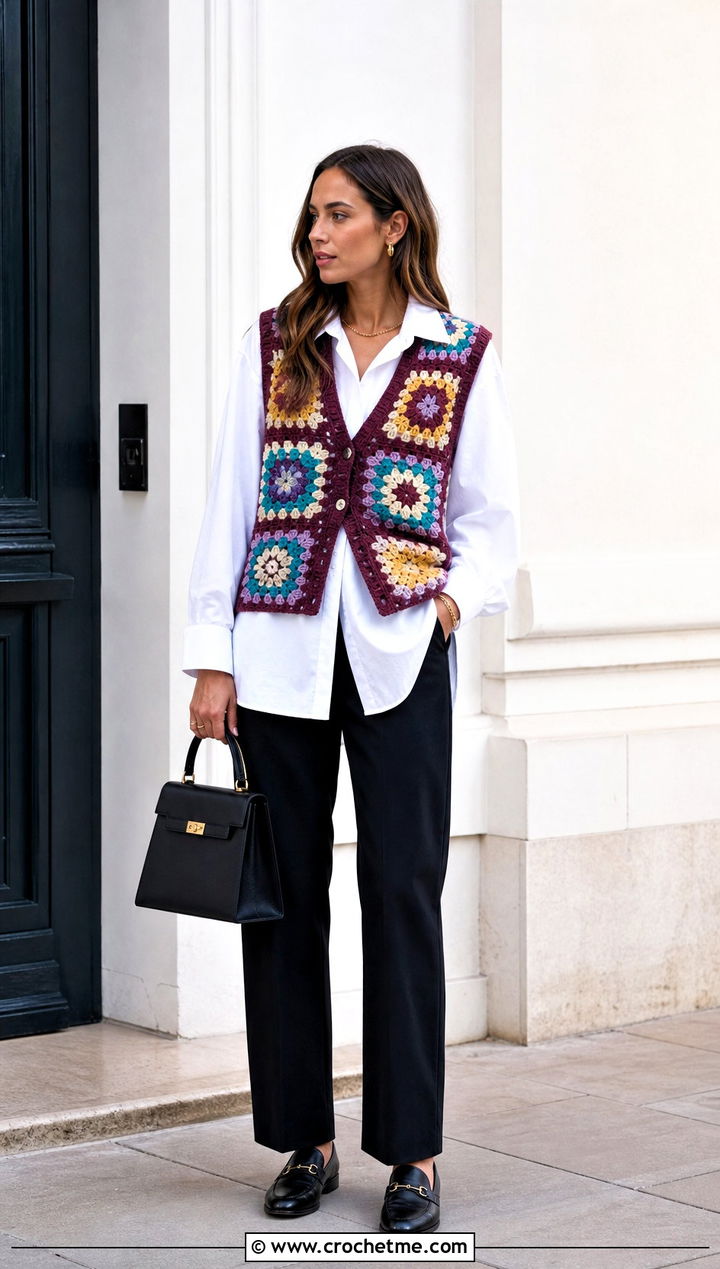 Granny Square Crochet Vest With White Shirt - 30 crochet clothing ideas