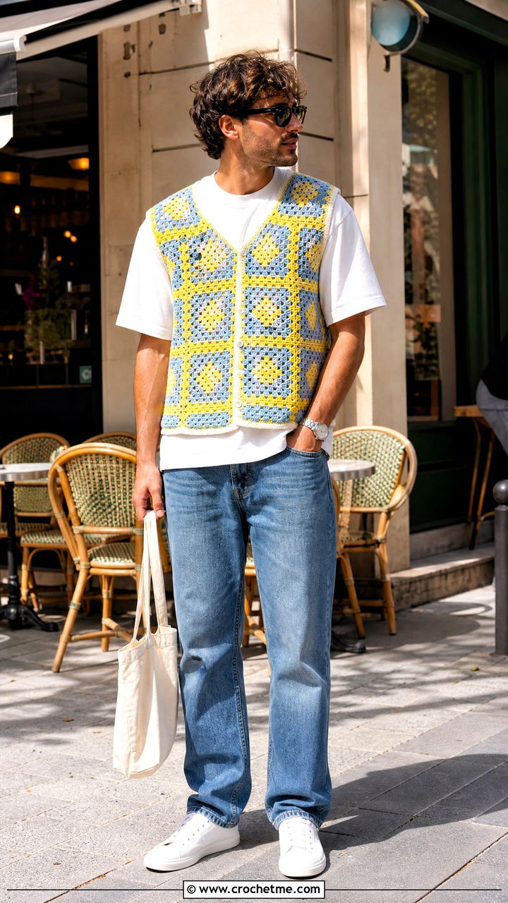 Granny Square Crochet Vest With White T Shirt And Jeans - 35 crochet vest for men outfit ideas