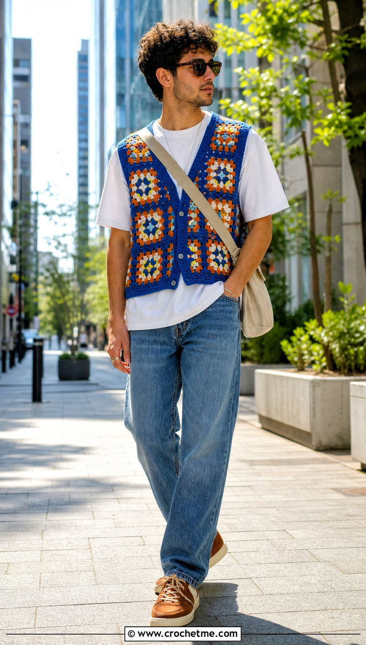 Granny Square Crochet Vest With White T Shirt And Jeans - 30 mens crochet vest outfit ideas