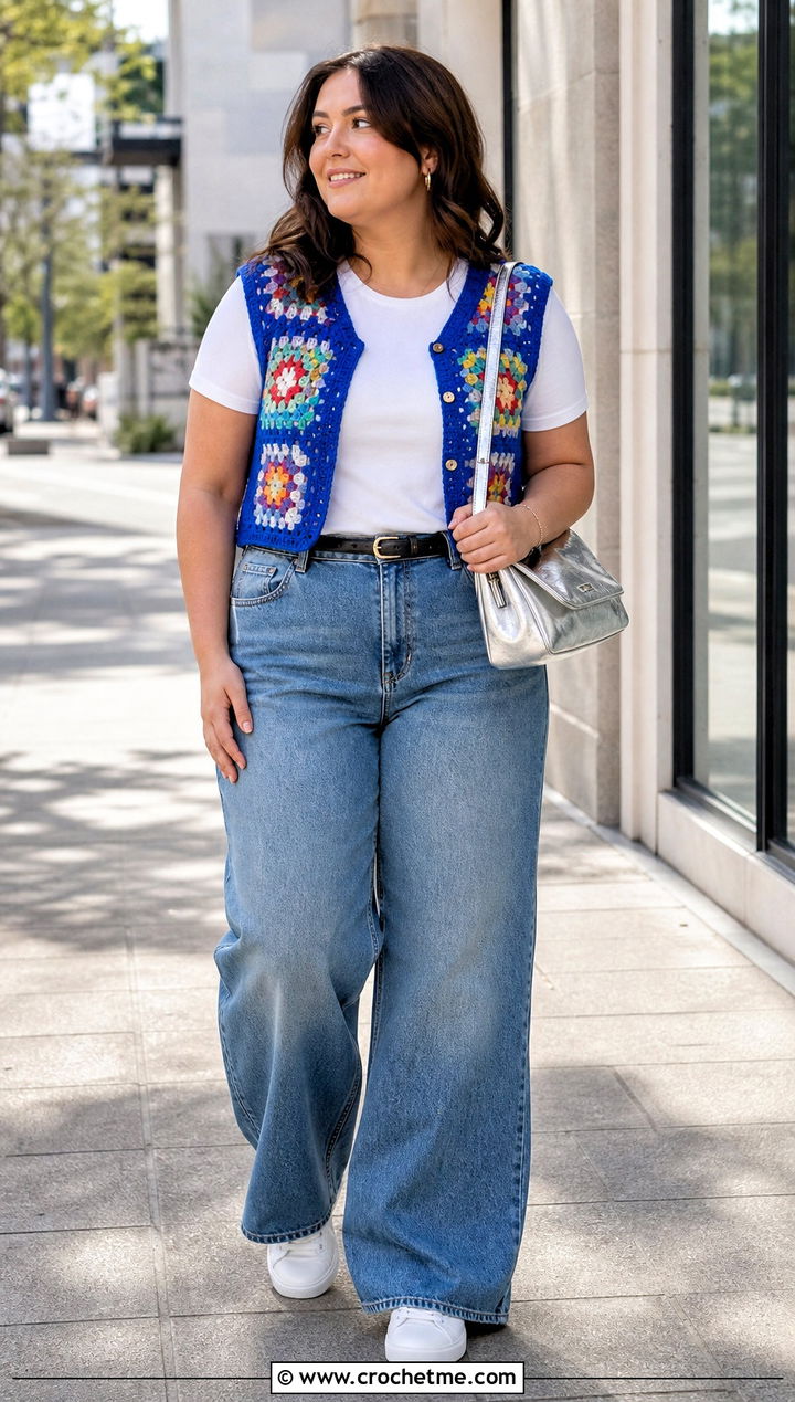 Granny Square Crochet Vest With Wide Leg Jeans - 15 Crochet Lady Tops outfit ideas