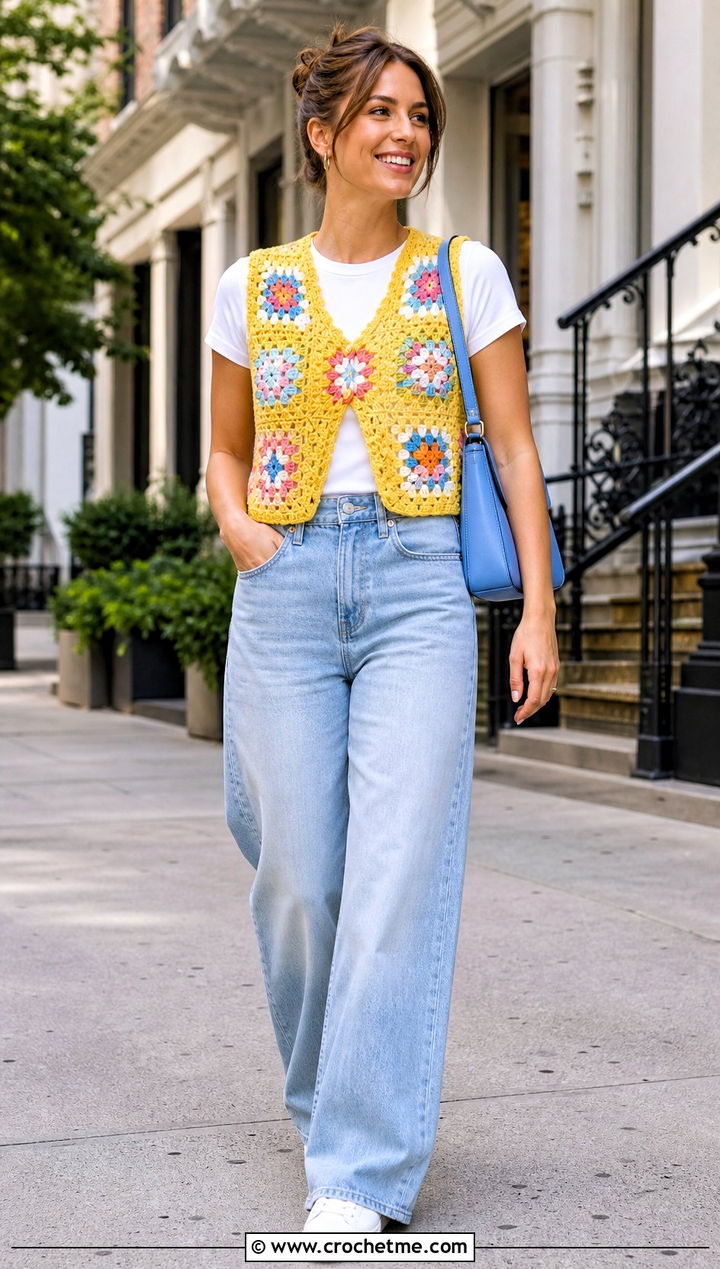 Granny Square Crochet Vest With Wide Leg Jeans - 20 crochet vest outfit aesthetic outfit ideas