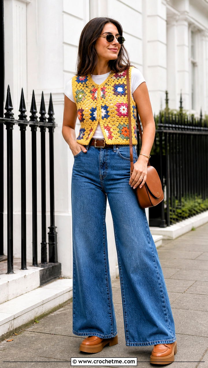 Granny Square Crochet Vest With Wide Leg Jeans - 30 vintage crochet clothes and outfit ideas