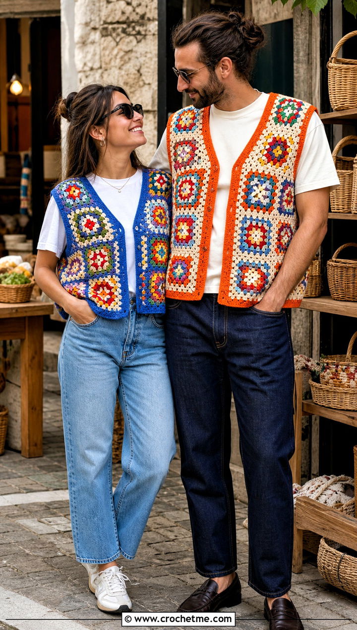 Granny Square Crochet Vests With Straight Leg Jeans - 30 couples crochet outfit ideas