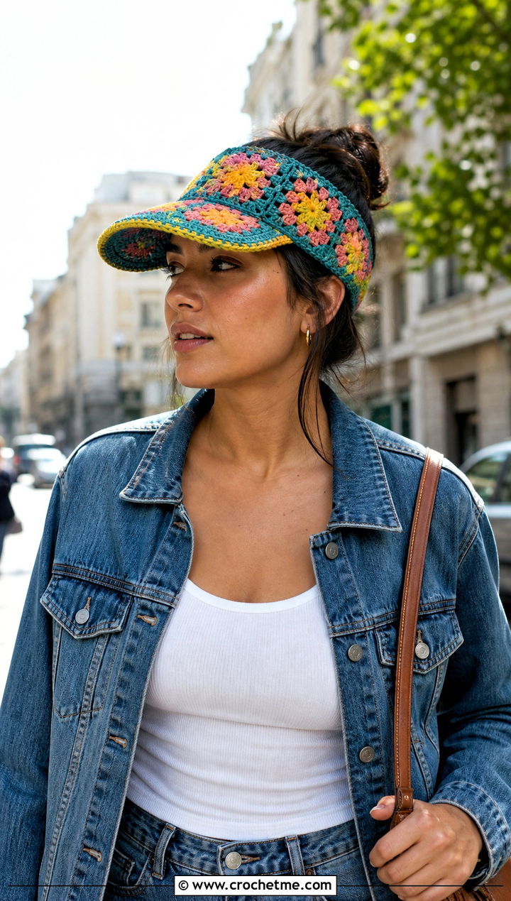 Granny Square Crochet Visor With Denim Jacket And Jeans - 30 crochet visor hat outfit ideas