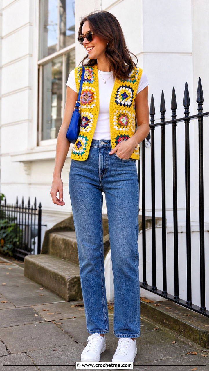 Granny Square Crochet Waistcoat With Straight Leg Jeans - 35 crochet waistcoat outfit ideas