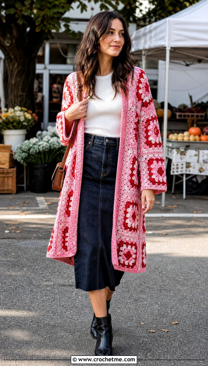 Granny Square Crochet Waterfall Cardigan With Denim Skirt - 25 crochet waterfall cardigan outfit ideas