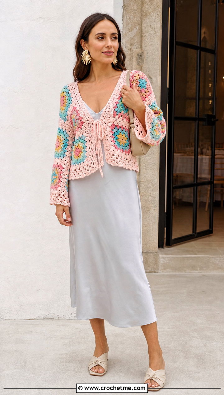 Granny Square Crochet Wedding Bolero With Midi Slip Dress - 25 Crochet Wedding Bolero outfit ideas
