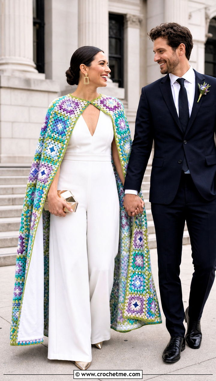 Granny Square Crochet Wedding Cape With Tailored Jumpsuit - 25 Crochet Wedding Cape outfit ideas