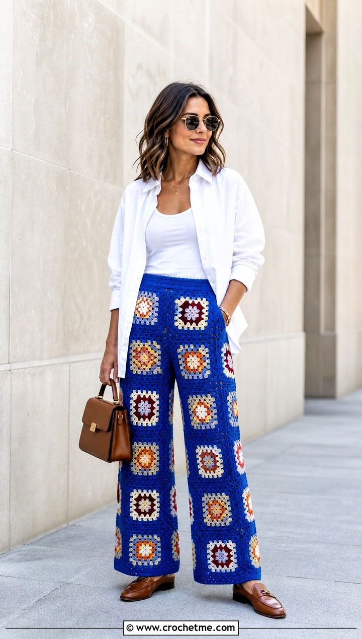 Granny Square Crochet Wide Leg Pants With White Button Down Shirt - 25 crochet wide leg pants outfit ideas