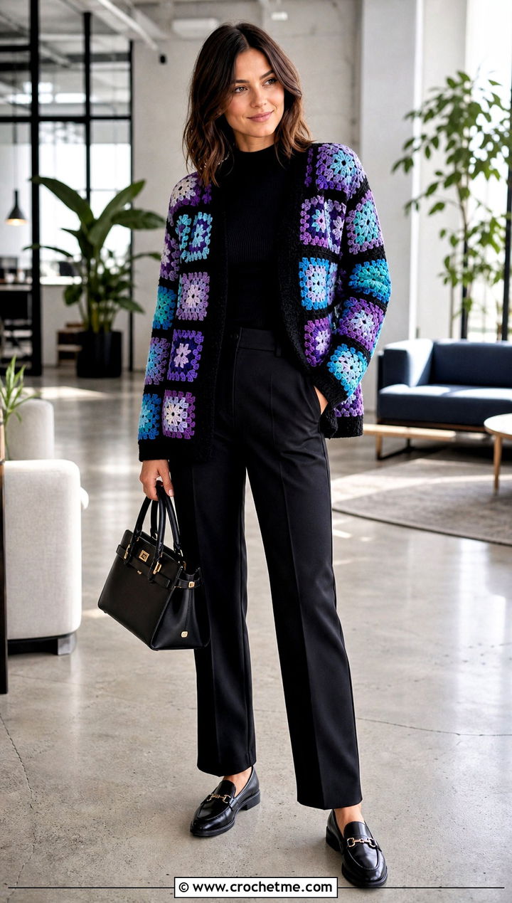 Granny Square Crochet Winter Cardigan With Black Trousers - 25 crochet winter cardigan outfit ideas