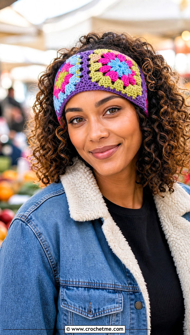 Granny Square Crochet Winter Headband With Denim Jacket - 15 crochet winter head band outfit ideas