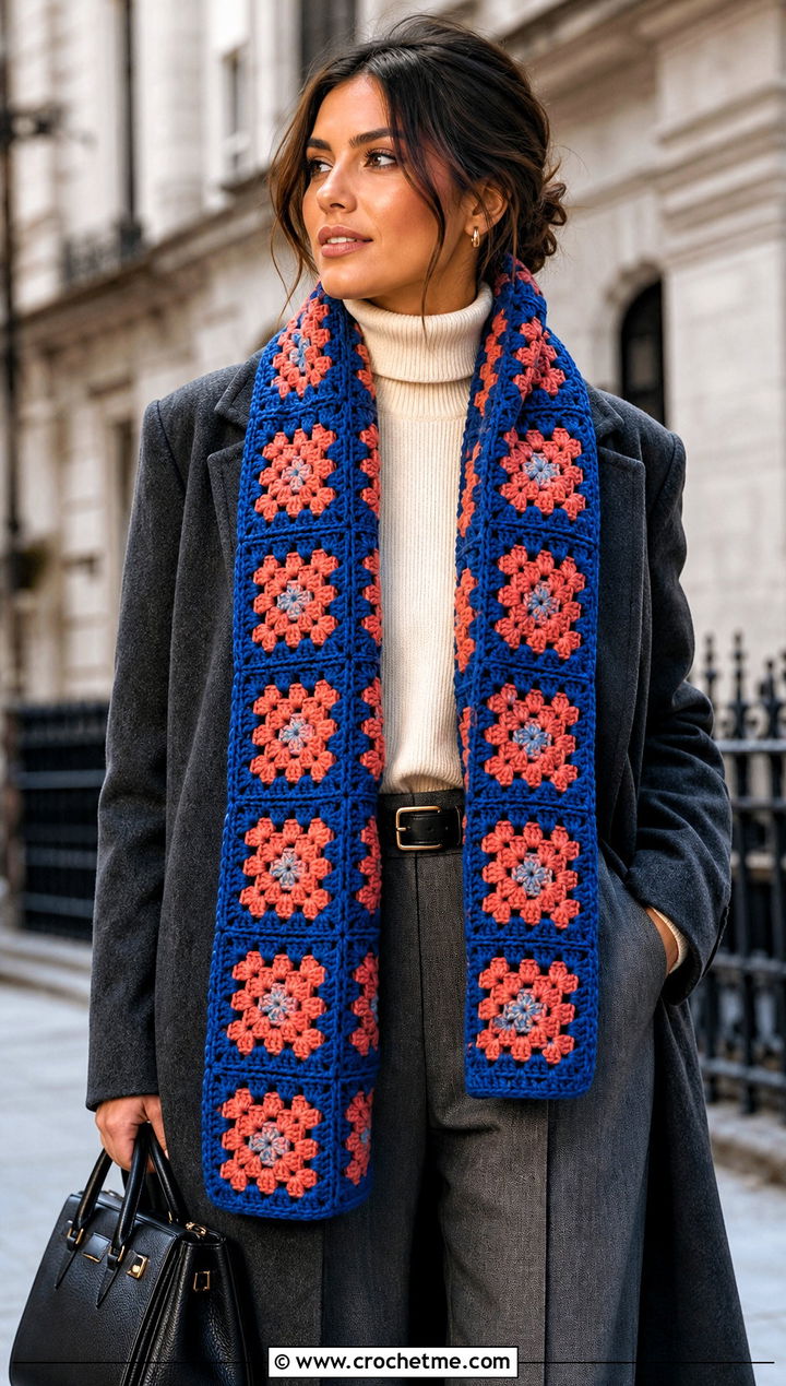 Granny Square Crochet Winter Scarf With Wool Coat - 35 crochet winter scarf outfit ideas