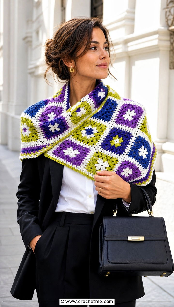 Granny Square Crochet Winter Shawl With Blazer - 15 Crochet Winter Shawl outfit ideas
