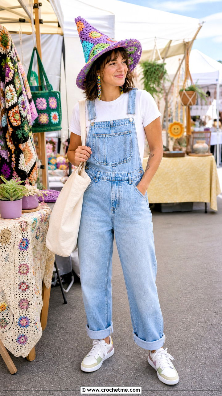 Granny Square Crochet Witch Hat With Denim Overalls - 35 crochet witch hat outfit ideas