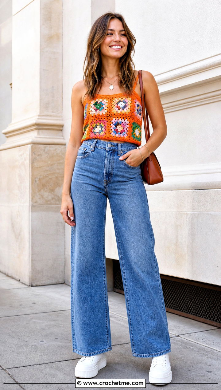 Granny Square Crochet Wool Tank With Wide Leg Jeans - 35 crochet wool top outfit ideas