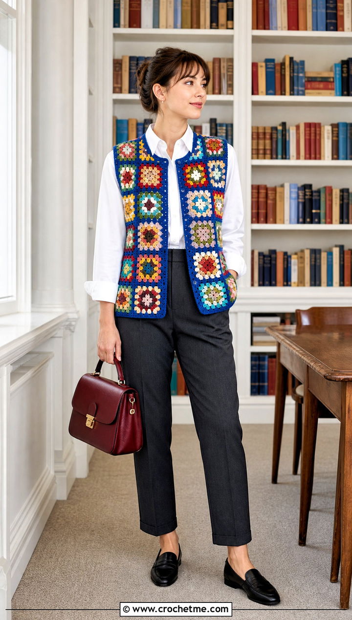 Granny Square Crochet Wool Vest With White Shirt - 35 crochet wool top outfit ideas