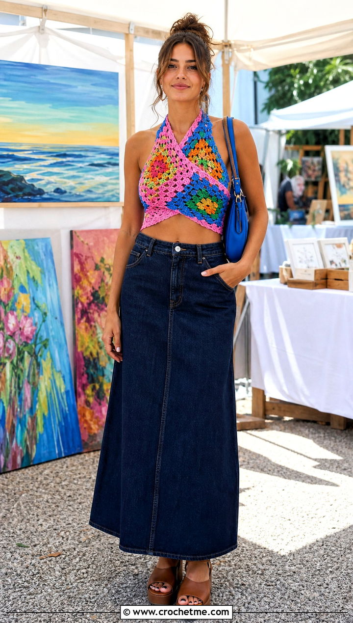 Granny Square Crochet Wrap Crop Top With Denim Maxi Skirt - 15 crochet wrap crop top outfit ideas