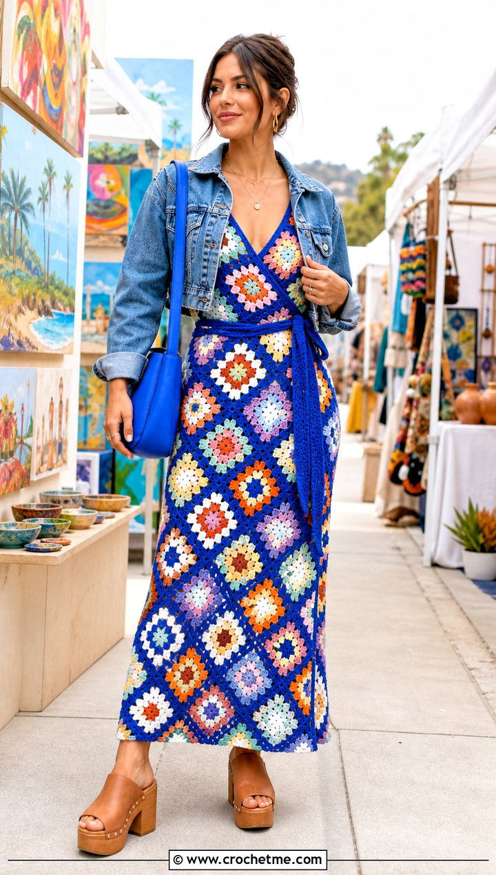 Granny Square Crochet Wrap Dress With Denim Jacket - 35 crochet wrap dress outfit ideas