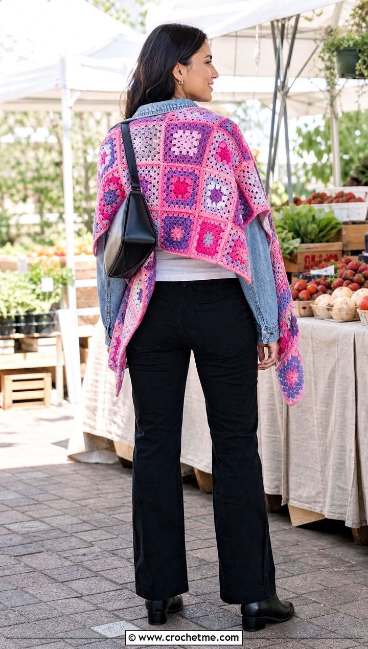 Granny Square Crochet Wrap Shawl With Denim Jacket - 35 crochet wrap shawl outfit ideas