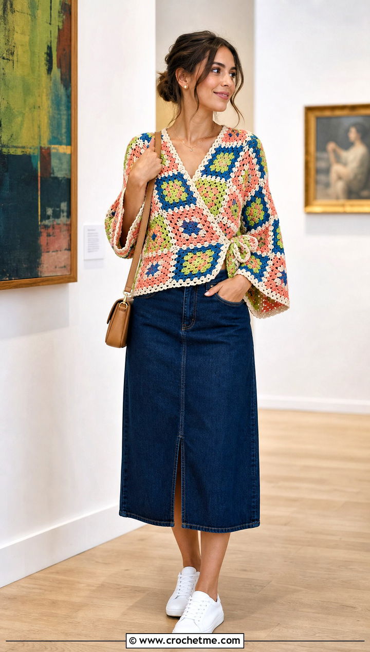 Granny Square Crochet Wrap Shirt With Denim Midi Skirt - 30 crochet wrap shirt outfit ideas