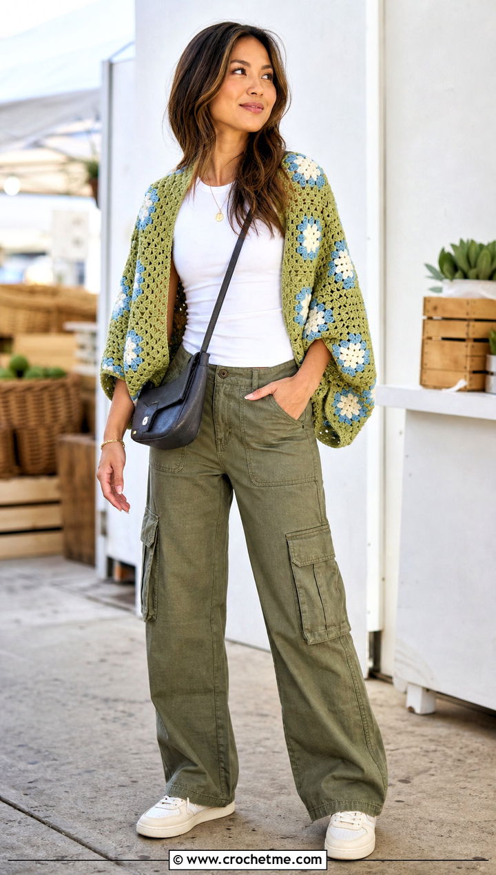 Granny Square Crochet Wrap Shrug With Cargo Pants - 35 Crochet Wrap Shrug outfit ideas