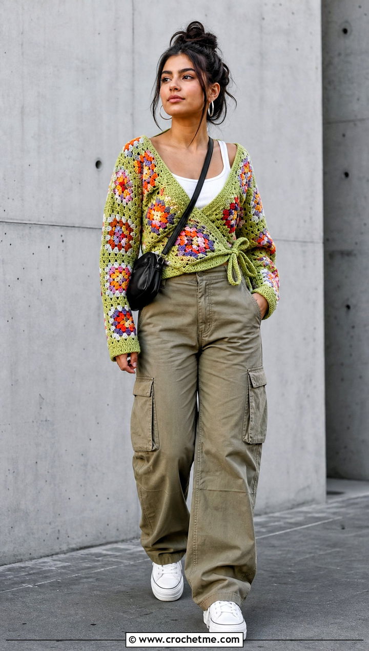 Granny Square Crochet Wrap Sweater With Cargo Pants - 35 crochet wrap sweater outfit ideas