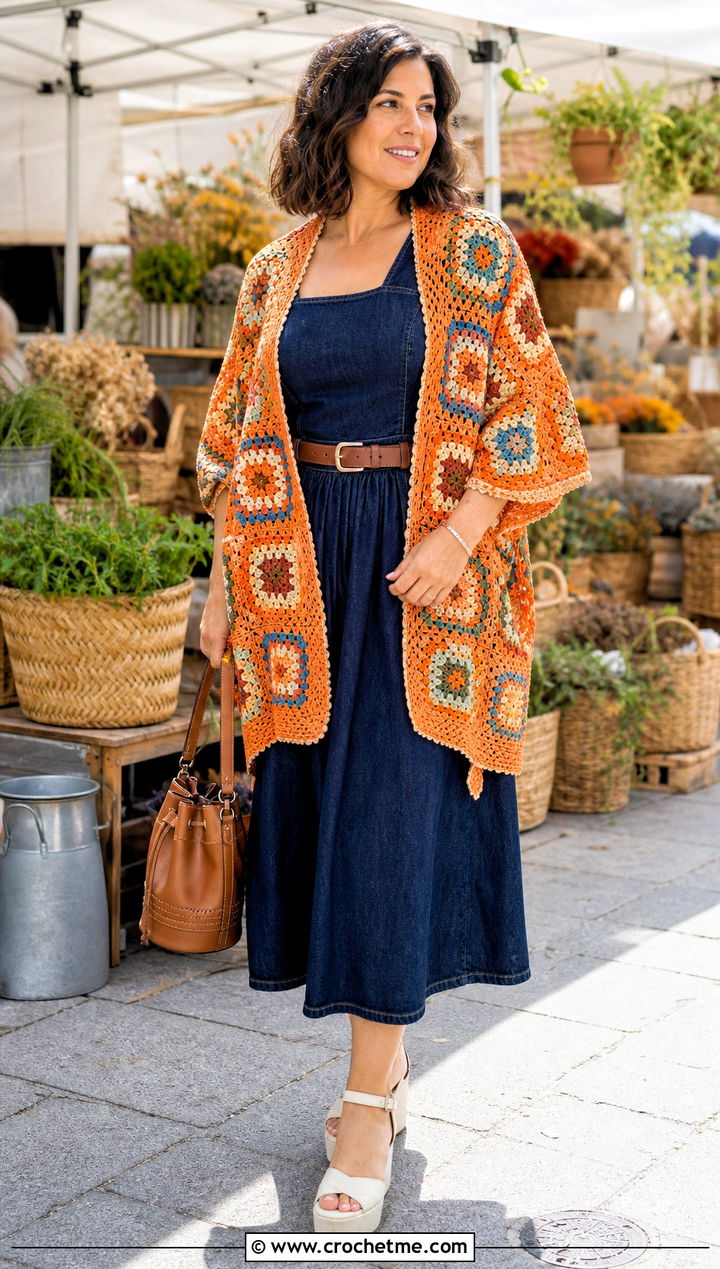 Granny Square Crochet Wrap With A Denim Dress - 30 crochet summer wrap outfit ideas