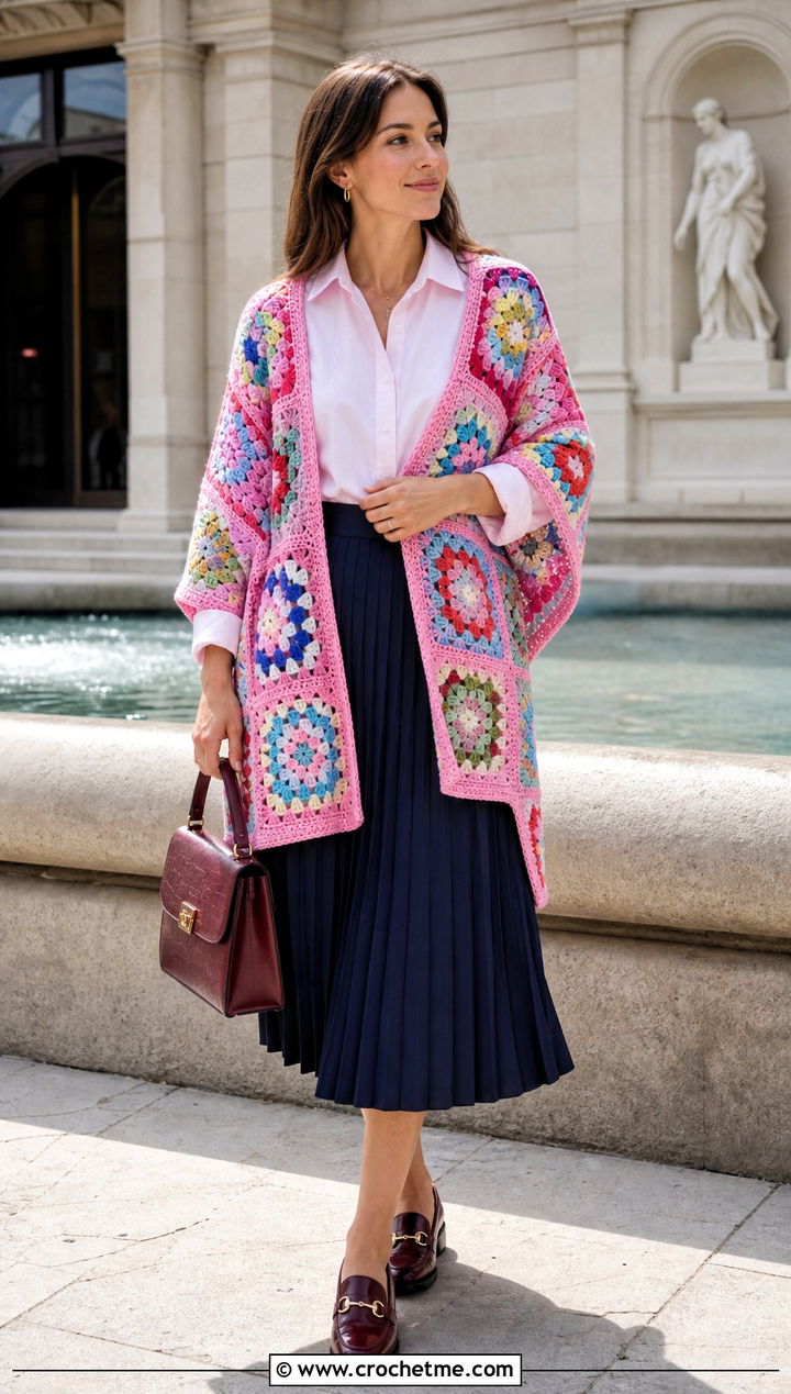 Granny Square Crochet Wrap With A Pleated Skirt - 15 Beginner Crochet Wrap outfit ideas