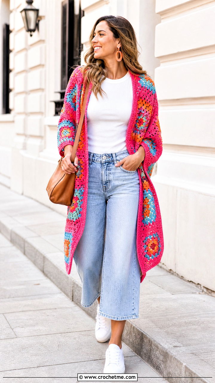Granny Square Crochet Wrap With Barrel Jeans - 35 crochet wrap outfit ideas
