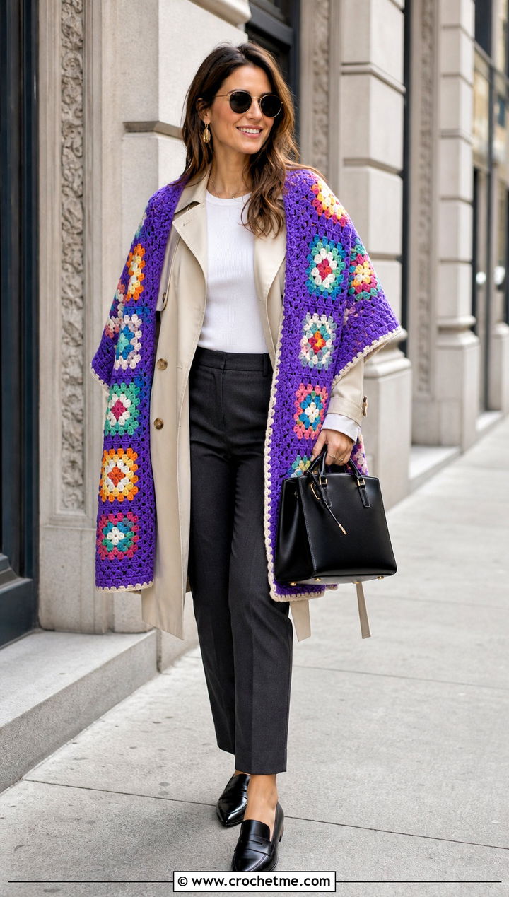 Granny Square Crochet Wrap With Trench Coat And Trousers - 15 Crochet Spring Wrap outfit ideas