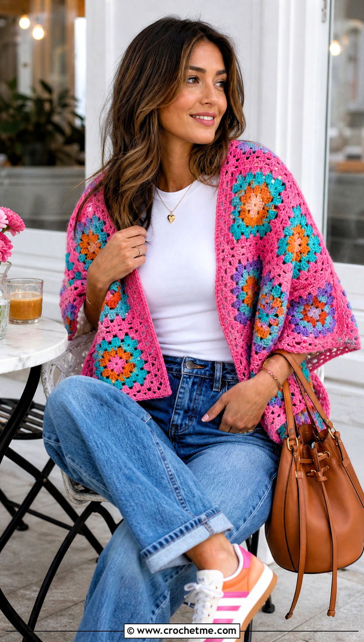Granny Square Crochet Wrap With White Tee And Jeans - 15 Crochet Wraps outfit ideas