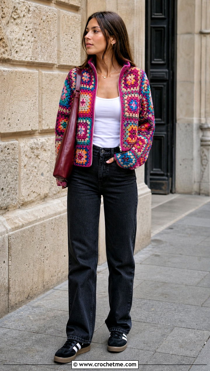 Granny Square Crochet Zip Jacket With Straight Jeans - 25 crochet jacket with zipper outfit ideas