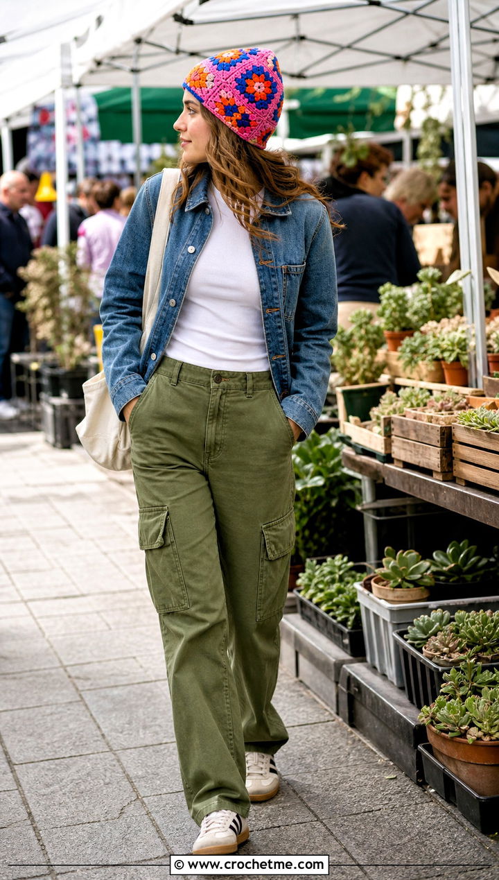 Granny Square Crocheted Beanie With Denim Jacket And Cargo Pants - 35 crocheted beanie outfit ideas
