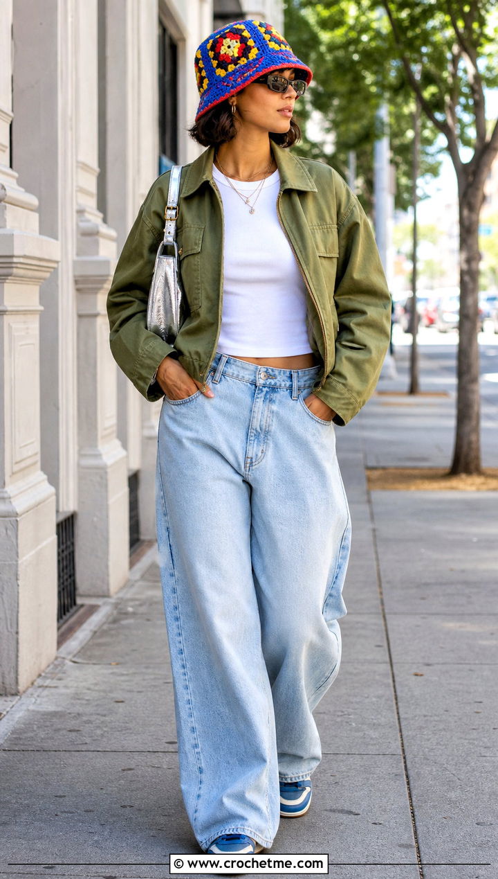 Granny Square Crocheted Bucket Hat With Baggy Jeans - 35 Crocheted Bucket Hat outfit ideas