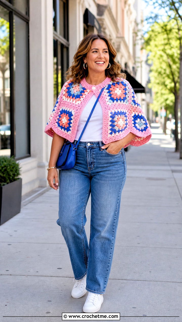 Granny Square Crocheted Capelet With Straight Leg Jeans - 25 Crocheted Capelet outfit ideas