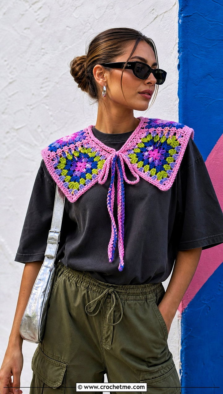 Granny Square Crocheted Collar With T Shirt And Cargo Pants - 15 Crocheted Collars outfit ideas