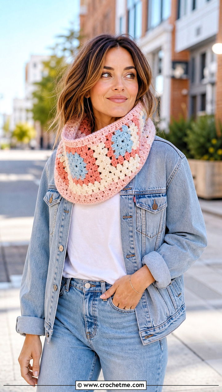 Granny Square Crocheted Cowl With Denim Jacket And Jeans - 25 Crocheted Cowl outfit ideas