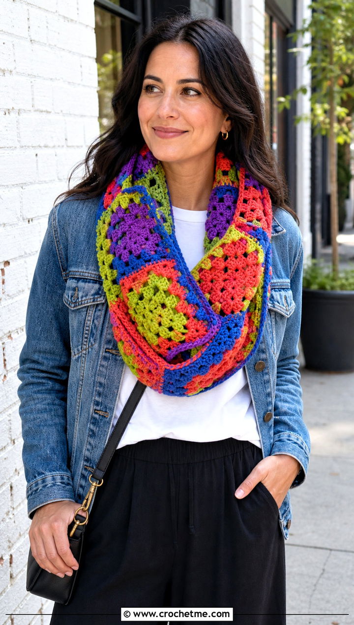 Granny Square Crocheted Infinity Scarf With Denim Jacket - 25 Crocheted Infinity Scarf outfit ideas