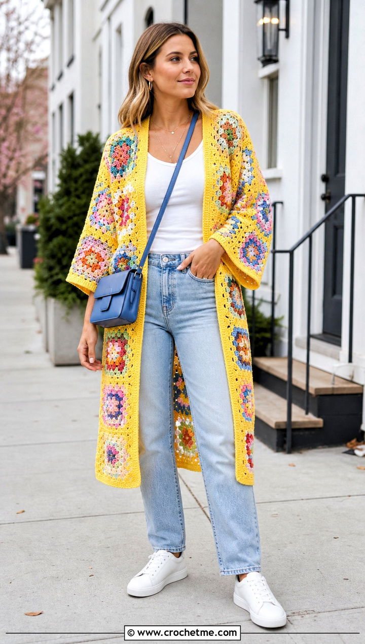 Granny Square Crocheted Kimono With Jeans - 25 Crocheted Kimono outfit ideas