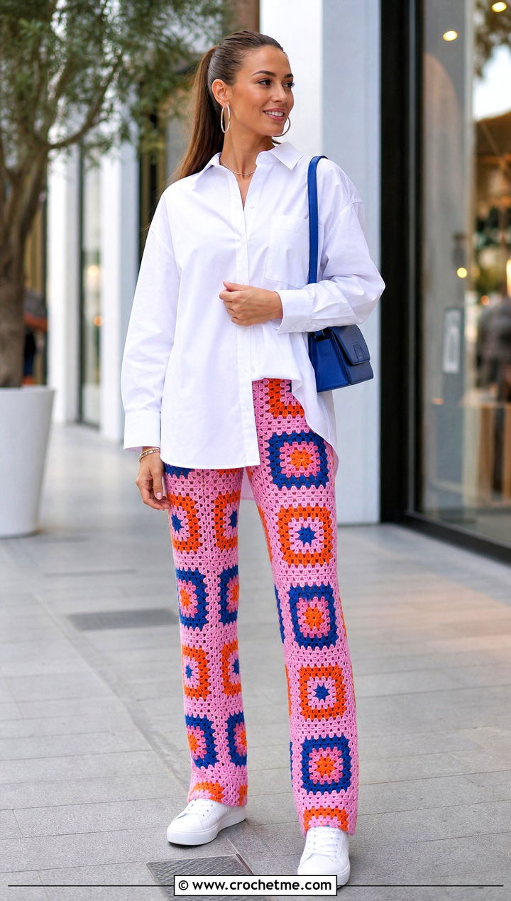 Granny Square Crocheted Leggings With Oversized White Shirt - 20 Crocheted Leggings outfit ideas