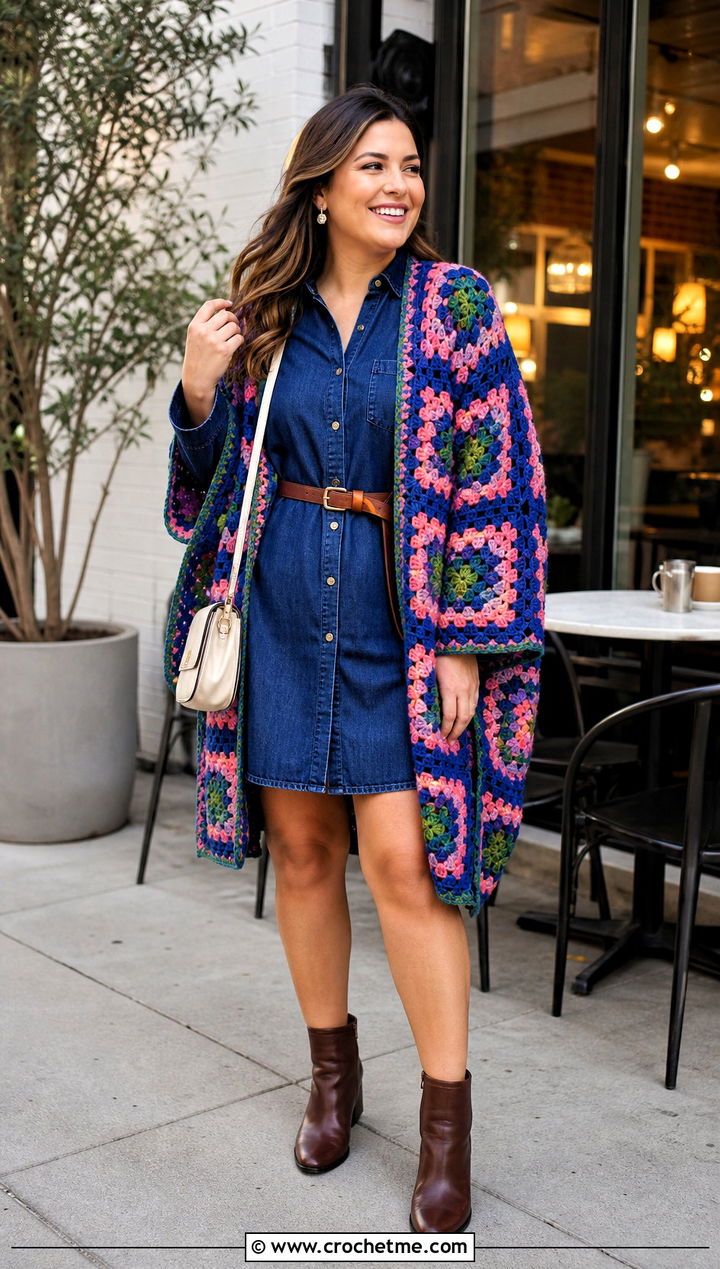 Granny Square Crocheted Ruana With Denim Shirt Dress - 20 Crocheted Ruana outfit ideas