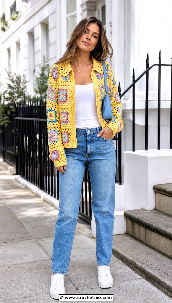 Granny Square Crocheted Shirt With Straight Leg Jeans - 35 Crocheted Shirt outfit ideas