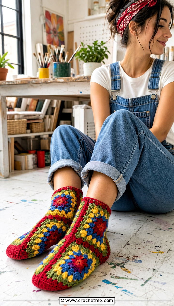 Granny Square Crocheted Slipper Socks With Overalls And T Shirt - 15 Crocheted Slipper Socks outfit ideas