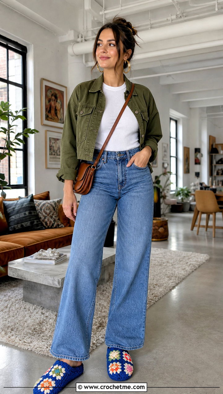 Granny Square Crocheted Slippers With Wide Leg Jeans - 35 crocheted slippers outfit ideas