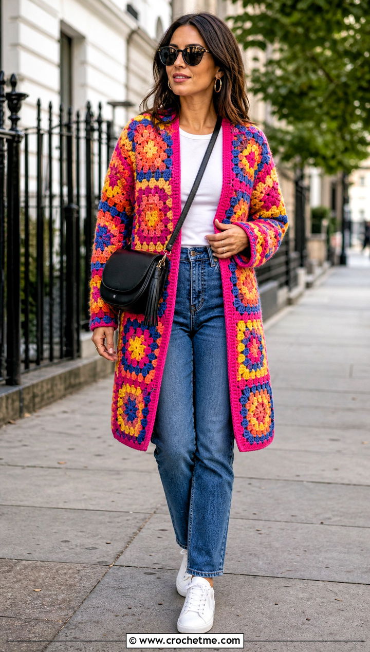 Granny Square Crocheted Sweater Coat With Straight Leg Jeans - 15 colorful crocheted sweater coat outfit ideas