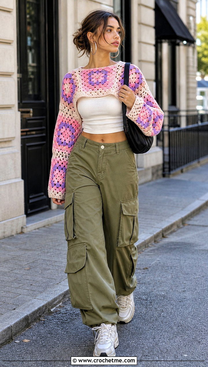Granny Square Crop Crochet Sweater With Cargo Pants - 15 hollow out crop crochet sweater outfit ideas