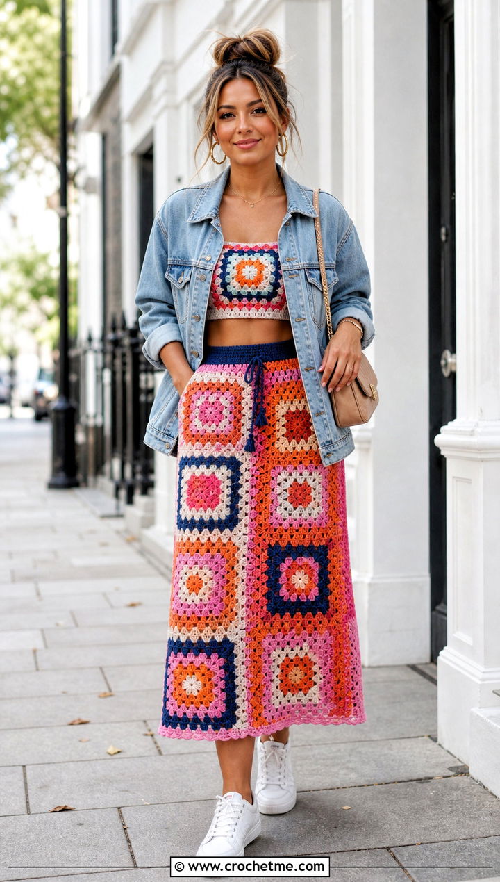 Granny Square Crop Top And A Line Midi Crochet Skirt With Denim Jacket - 35 crochet skirt and top outfit ideas