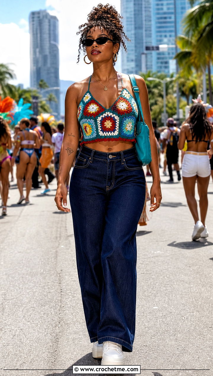 Granny Square Crop Top Carnival Outfit With Wide Leg Jeans - 30 crochet carnival outfit ideas